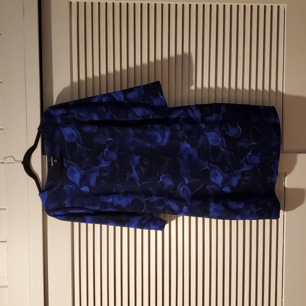 Ellen Tracy Deep Blue & Black Floral Pattern 3/4 Sleeve Dress, Size 10
